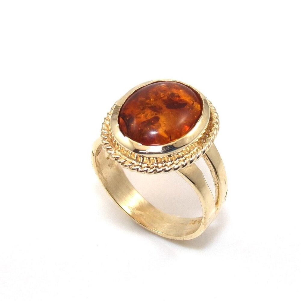 14K Yellow Gold Orange Amber Solitaire Halo Rope Ring Size 6.25